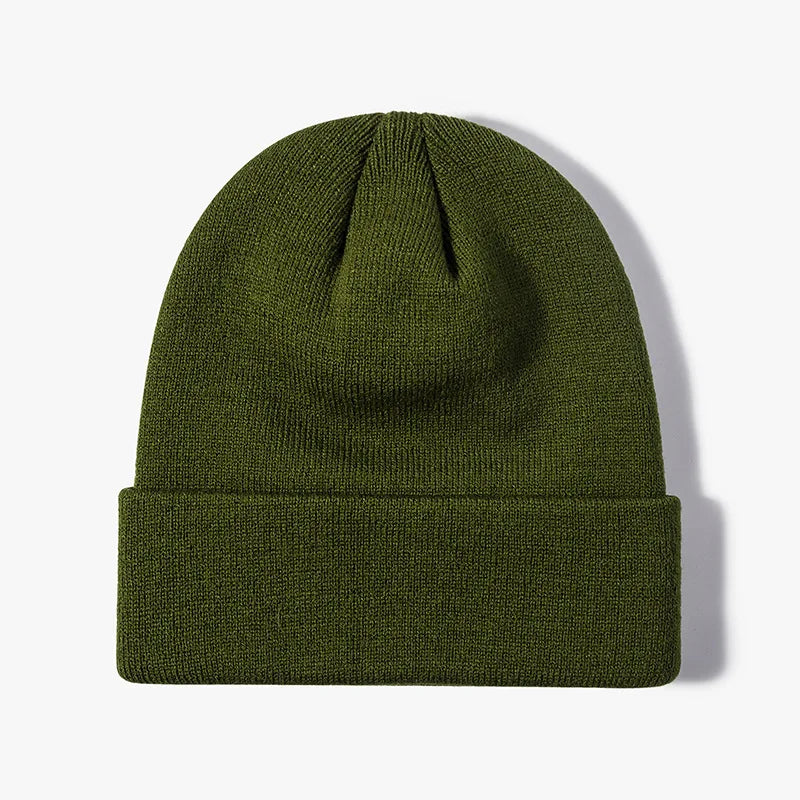 Custom Fancy Jacquard Design Knitted Reversible Green Beanie Ski Skull Cap Winter Toque