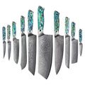 Japanese Santoku Nakiri Chef Knife Set Damascus Steel with Abalone Shell Handle for Fruit Peeling and Kitchen Use