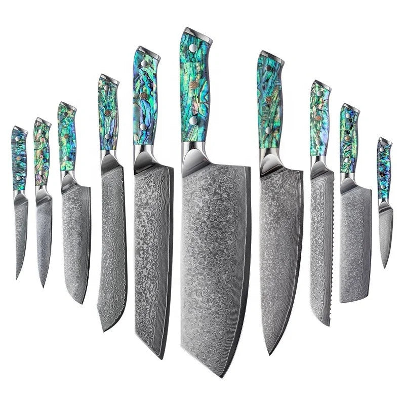 Japanese Santoku Nakiri Chef Knife Set Damascus Steel with Abalone Shell Handle for Fruit Peeling and Kitchen Use