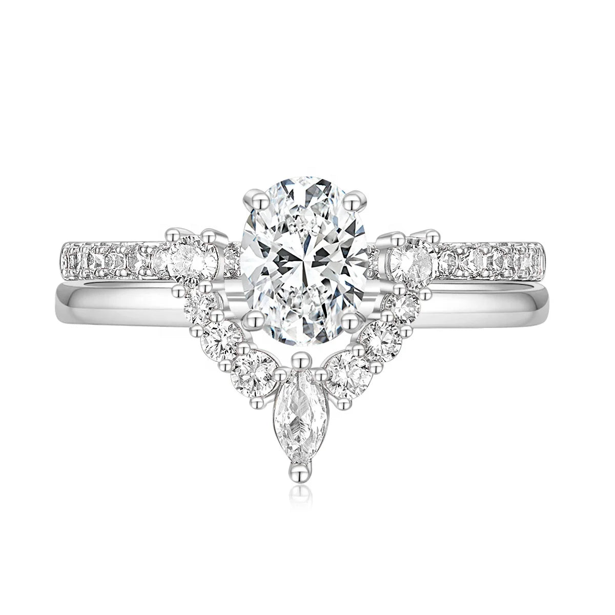 OAHLAN Trendy Rose Gold/Silver Plated Fashion Jewelry Oval Cut Cubic Zirconia Bridal Ring Sets Copper Wedding Band Curved Rings