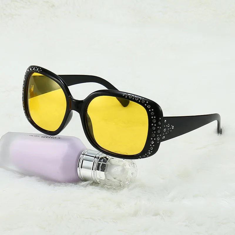 STOCK Yellow Driving Women Retro Style Fashion Sunglasses Fishing Polarized Shades Night Vision Glasses with Crystal