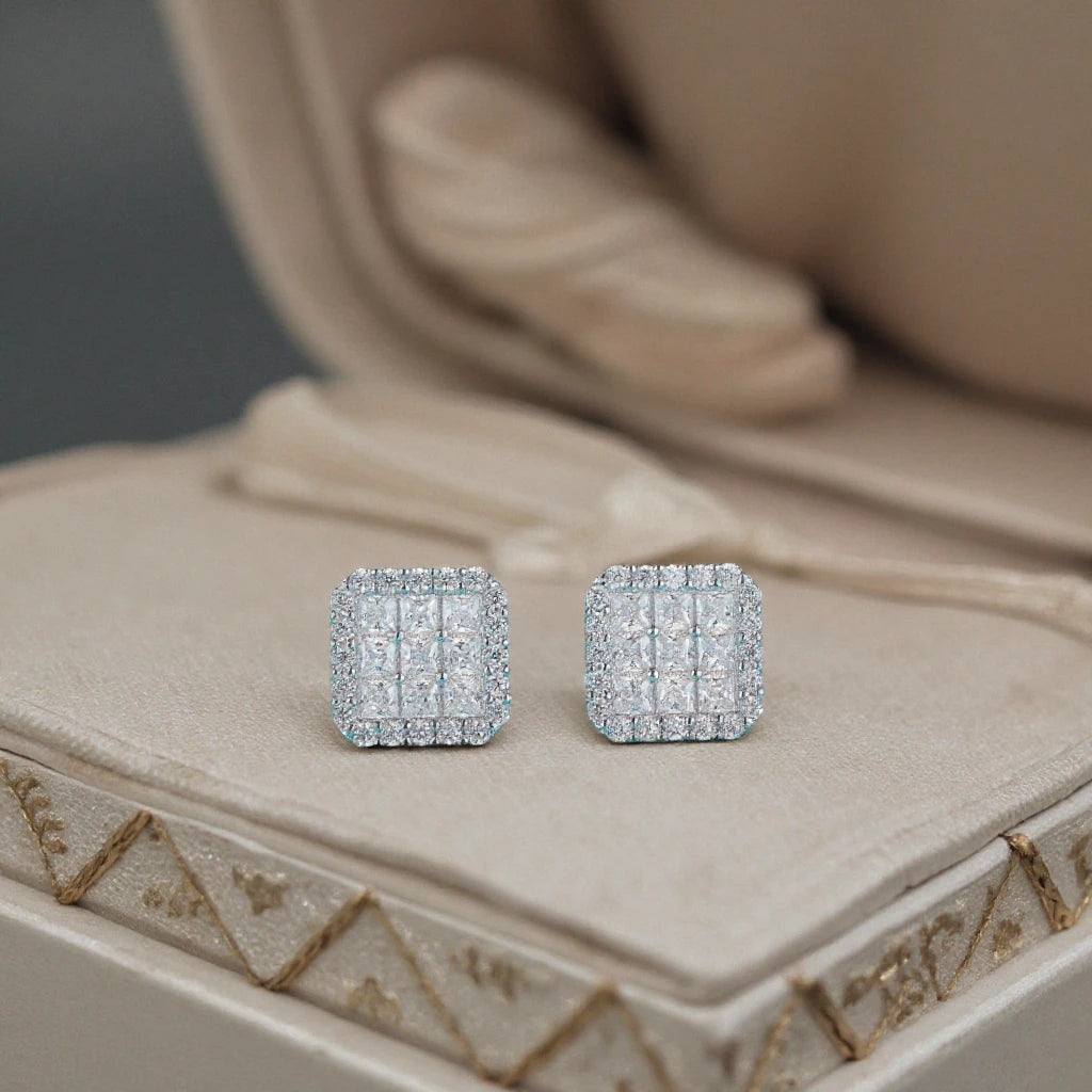 Custom Hip Hop Fully Iced Princess Cut VVS Moissanite Diamond Stud Earrings for Men Women
