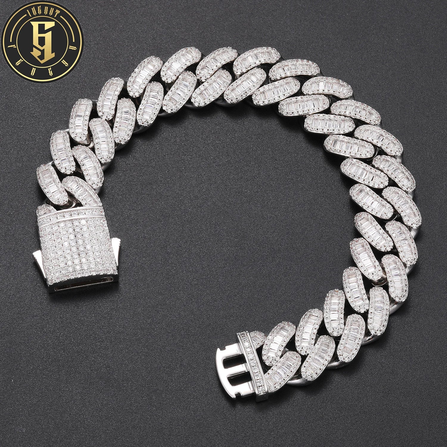 Factory Wholesale Hip Hop Jewelry 16mm White Gold Brass Micro 5A Baguette CZ Diamond Cuban Link Bracelet for Men