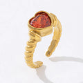 Waterproof Classic Luxury Stainless Steel Plated 18K Gold Red Heart Zircon Open Ring