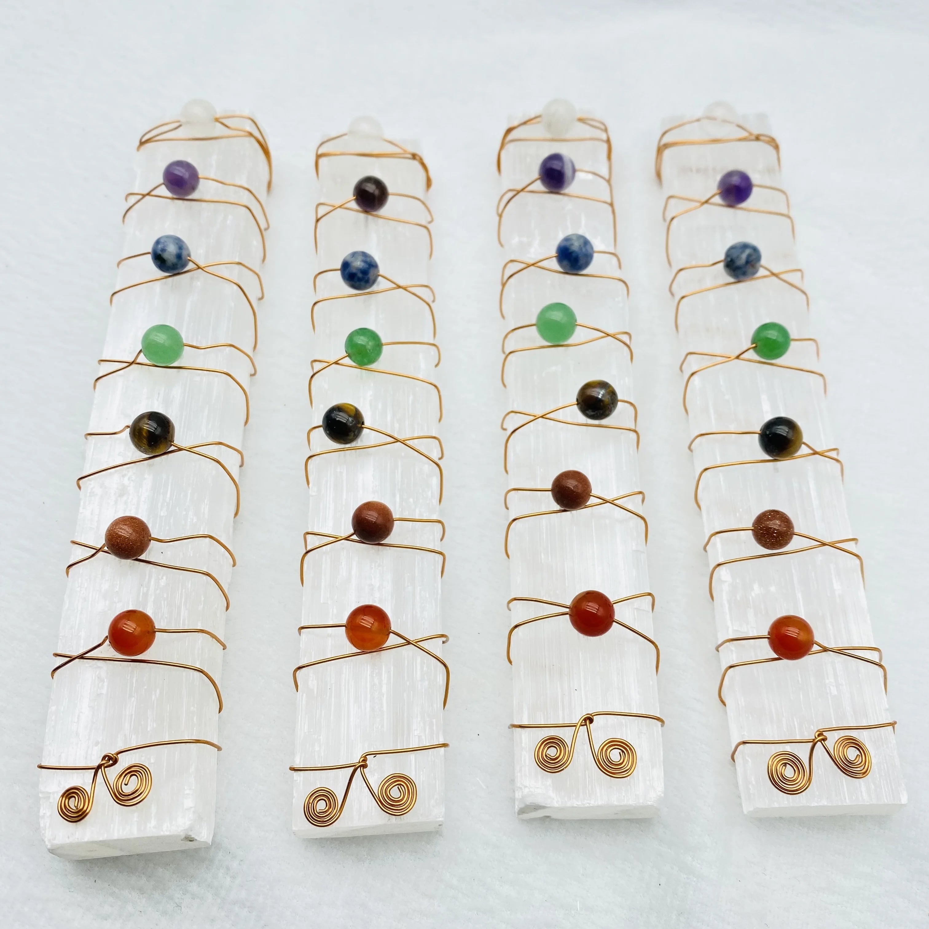 Natural Raw Selenite Stick Wand Wired 7 Chakra Crystal Stone Selenite With Bead for Sale