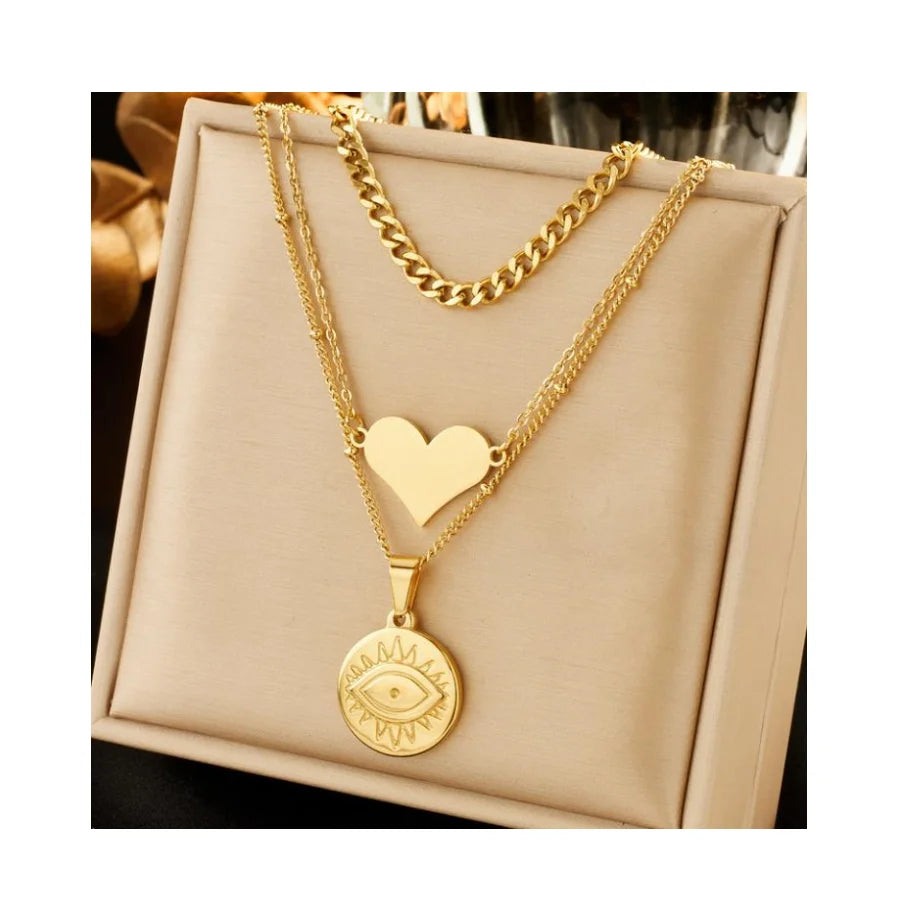 Multi-layer Circular Carved Eye Pendant love Collarbone Chain Necklace for Women 18k Gold Plated Necklace
