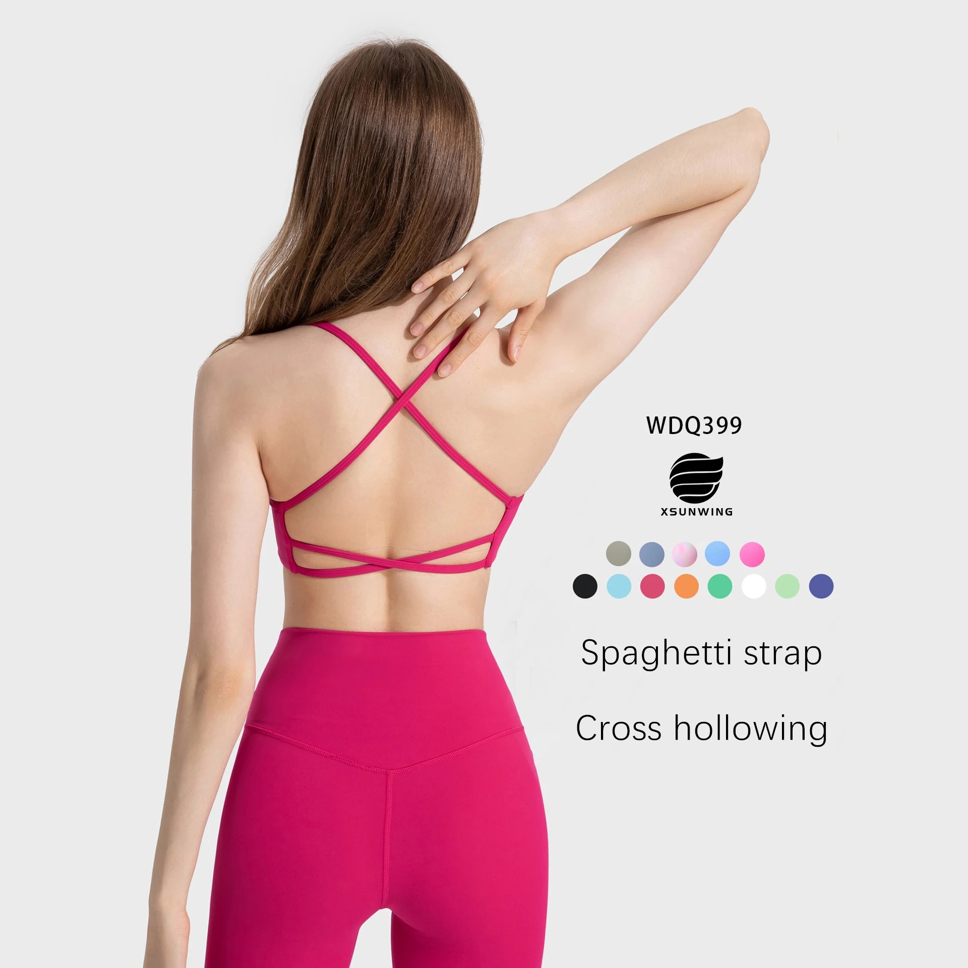 Xsunwing Custom LOGO Sling Shockproof Square Neck Gym Fitness Workout Top Yoga Bra Cross Sexy Backless Sports Bras Women WDQ399