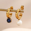 Asymmetrical Fresh Water Pearl & Dark Blue Zircon Gold Plated Hoop Earring Stainless Steel Tarnish Free Jewelry