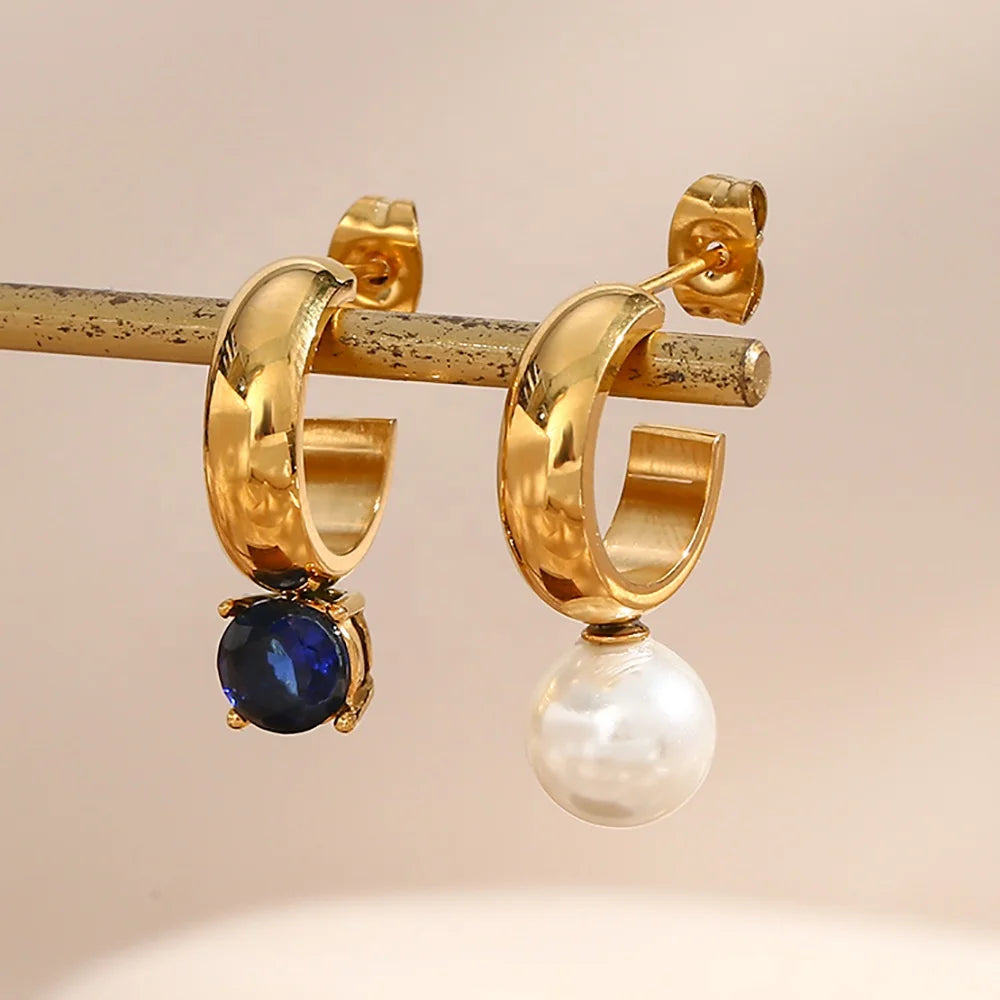 Asymmetrical Fresh Water Pearl & Dark Blue Zircon Gold Plated Hoop Earring Stainless Steel Tarnish Free Jewelry