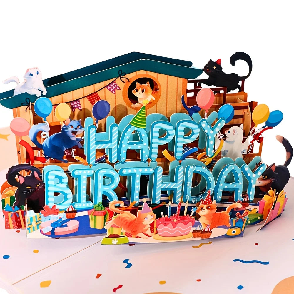 Promotional Birthday Greeting Card Birthday Cat House Balloon Cute Cat Animal Home 3D Pop-up Card