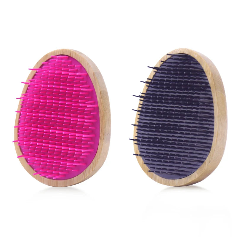 Bamboo Pocket Shampoo Brush Egg Shape Rubber Massage Scalp Hairbrush Custom logo