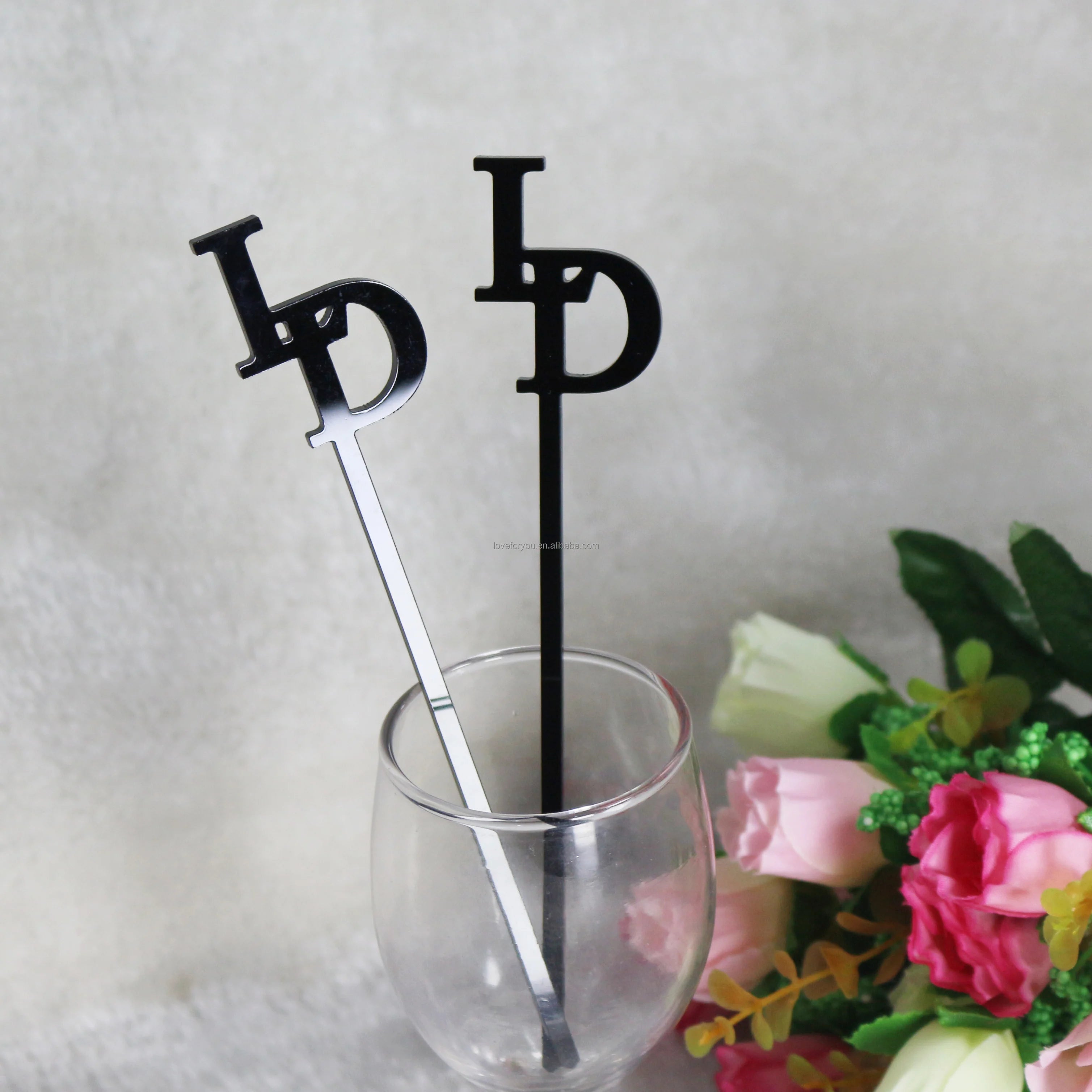 Black Mirror Initial Drink Stirrer Custom Stir Sticks Personalized Acrylic Drink Stirrer Wedding Stir Stick Wedding Decor