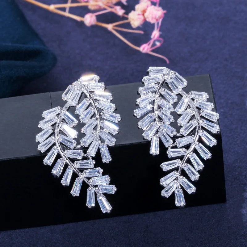 Trendy Brand Elegant Design Leaf Shape Square Cubic Zirconia Stone Big Stud Earrings Jewelry for Women Silver Plated