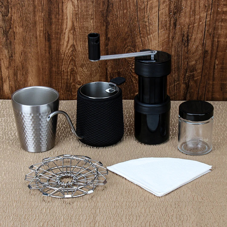 Portable Foldable Metal Coffee Grinder Ceramic Kettle V Pour Coffee Maker Gift Set for Travelers Includes Convenient Storage Bag