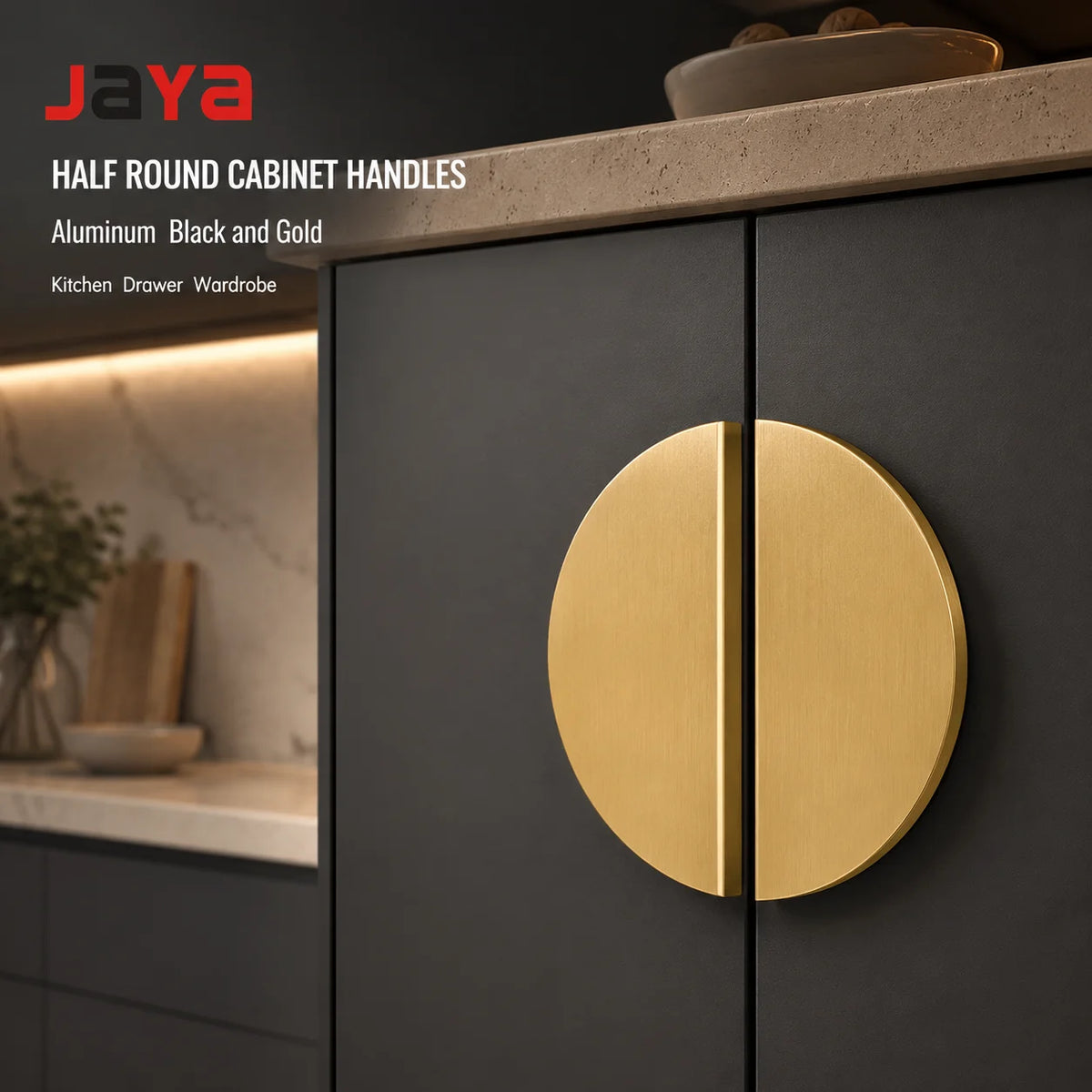 JAYA Aluminum Half Round Cabinet Handles Black Gold Semicircle Drawer Pulls for Kitchen Cupboard Wardrobe Doors