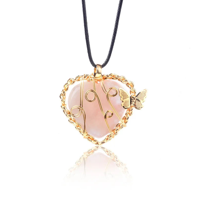 New Butterfly Charms Heart Healing Crystal Stone Necklace Wire Wrapped Natural Stone Necklace for Women