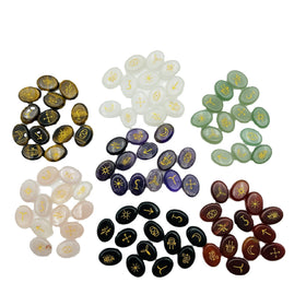 Natue Stones Healing Crystals Engraved Tumbled Amethyst Rose Quartz Oval Shape Witches Runes Sets