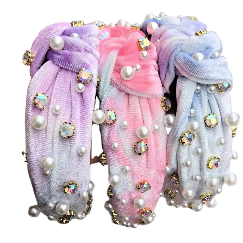 Custom Tie-Dye Candy Color Crystal Rhinestone Knotted Headband Cloth Wide  Pearl Hair Accessories
