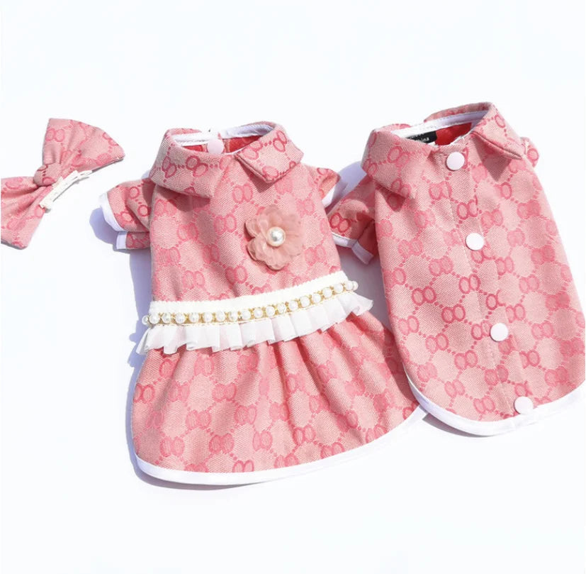 Stylish Pink Cotton Cute Dog Dress Set-Trendy Print Outfits for Small Dogs Summer/Spring Season