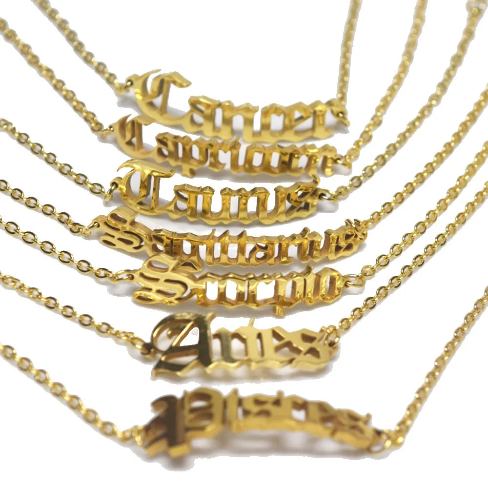Fashion Stainless Steel Gold Silver English Font Letter Zodiac Sign Charm Bracelet Jewelry Women