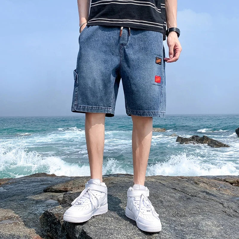 Mens Cargo Shorts Denim Pant Black Blue Elastic Waist Regular Fit Multi Pocket Trousers Short Jeans