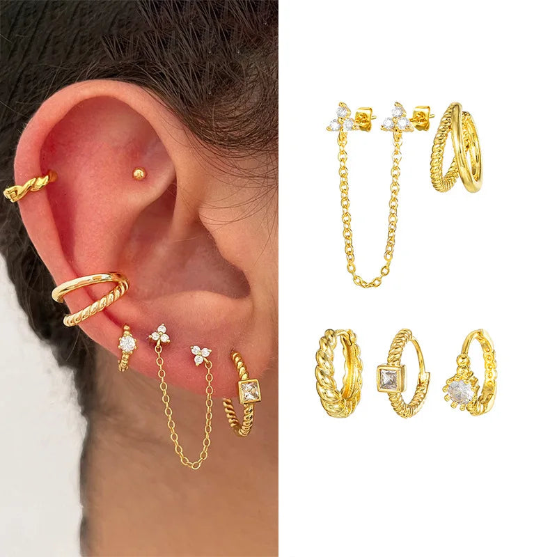 5Pcs Sophisticated Twist Design Huggies Hoop Earrings with Zircon and Chain Tassel Pendant Jewelry Set