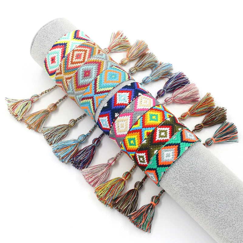 New Ethnic Style Handmade Colorful Polyester Geometric Webbing Tassel Charm Friendship Bracelet for Girl