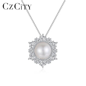 CZCITY Fashion Woman Lady Jewelry New Cz 925 Sterling Silver Pendant Luxury Freshwater Pearl Necklace