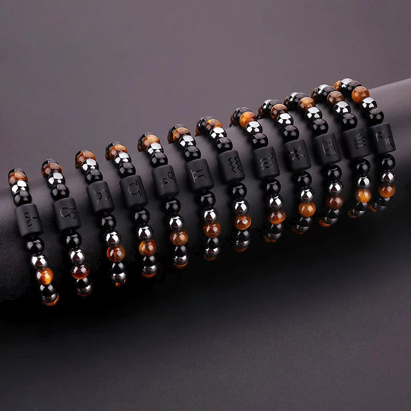 New Arrival 12 Zodiac Sign Bracelet Adjustable Tiger & Hematite & Black Obsidian Triple Protection Bracelet for Women Men 10mm