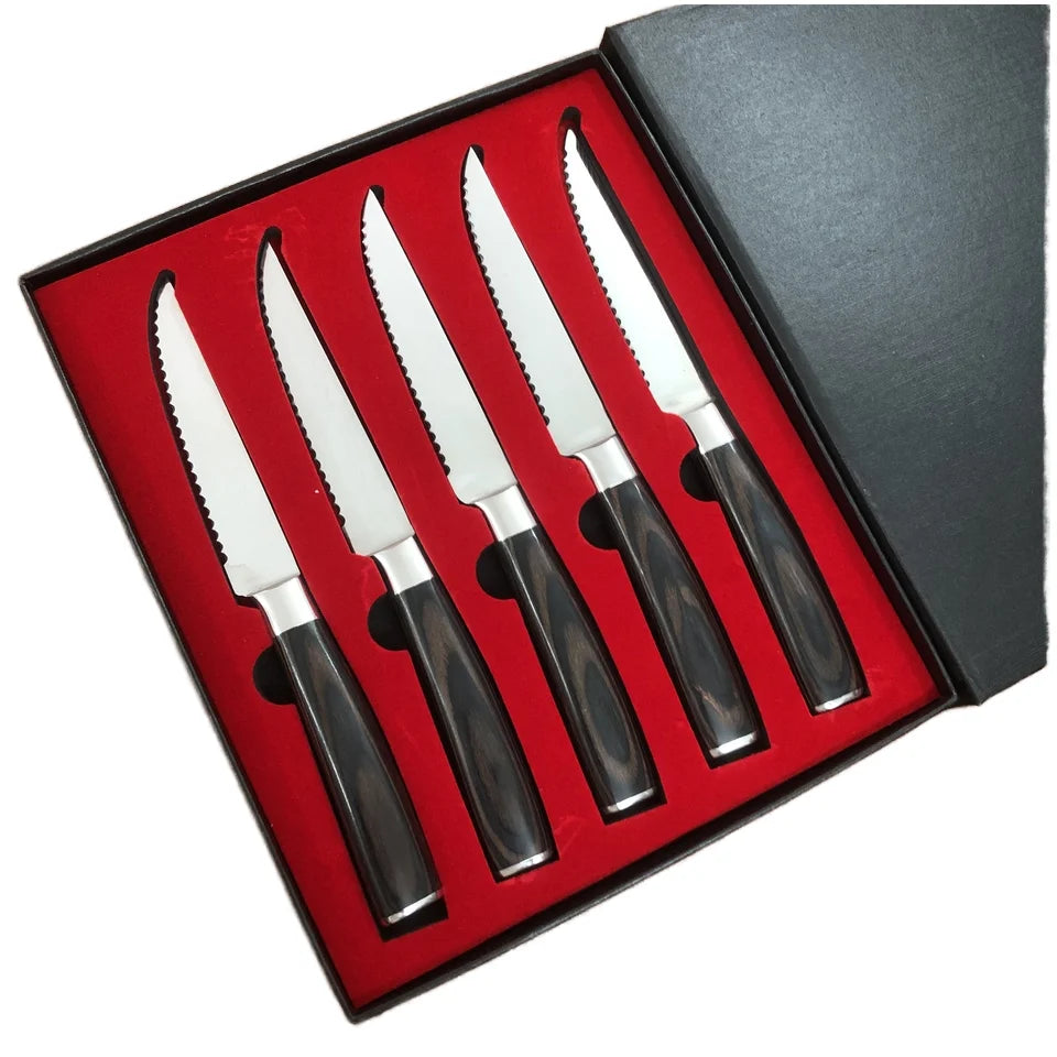 Set 5 Colored Wood Handle Steak Serrated Dining Knives Customizable 5cr15mov Material Flatware Sustainable 5-Piece Boxed