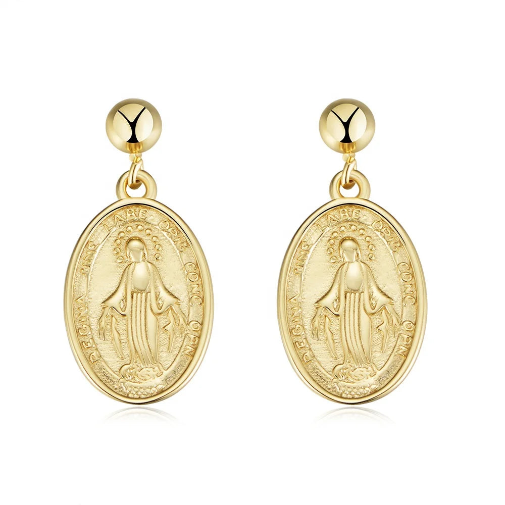 New Simple Charm Magical Medal Virgin Mary Oval Shaped Hanging Gold Plated 925 Sterling Silver Earrings