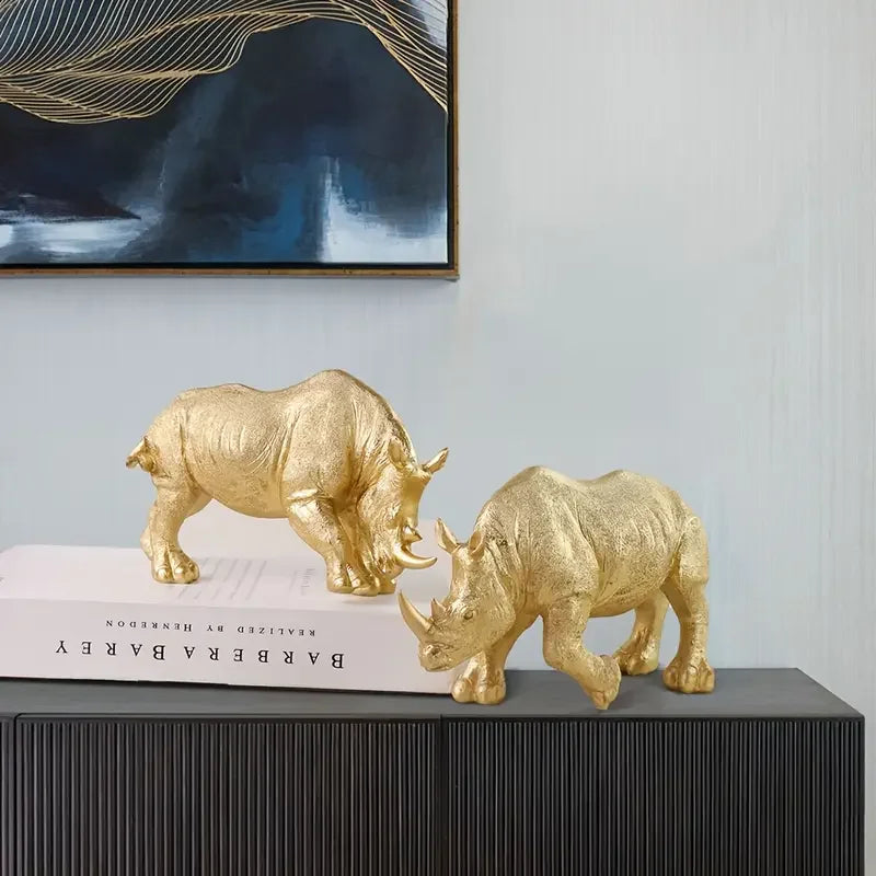 Hot Sale Golden Rhino Resin Sculpture Set Modern Home Decor for Living Room Study Room Luxury Animal Statue Collection