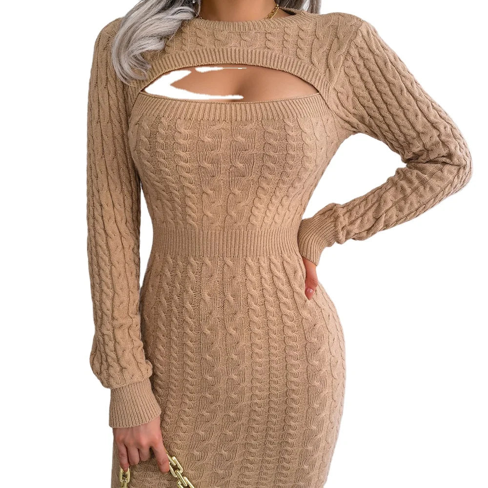 European and American Women's Sexy Hollowed Out Waist Retraction Hip Skirt Sweater Dress