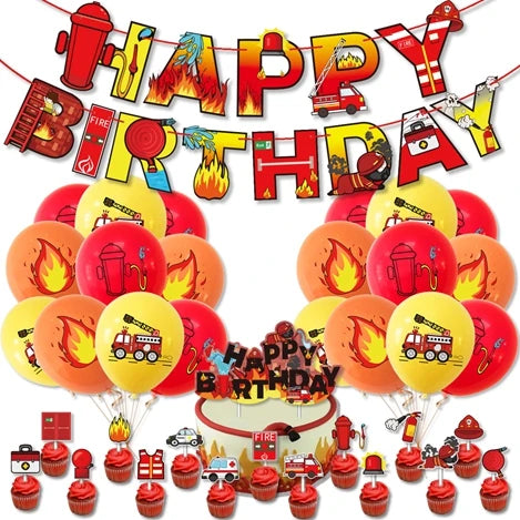 Boy Birthdays Decorations Fire Truck Theme Party Kids Happy Birthday Banner Cupcake Toppers Latex Balloons Boys Birthday Party