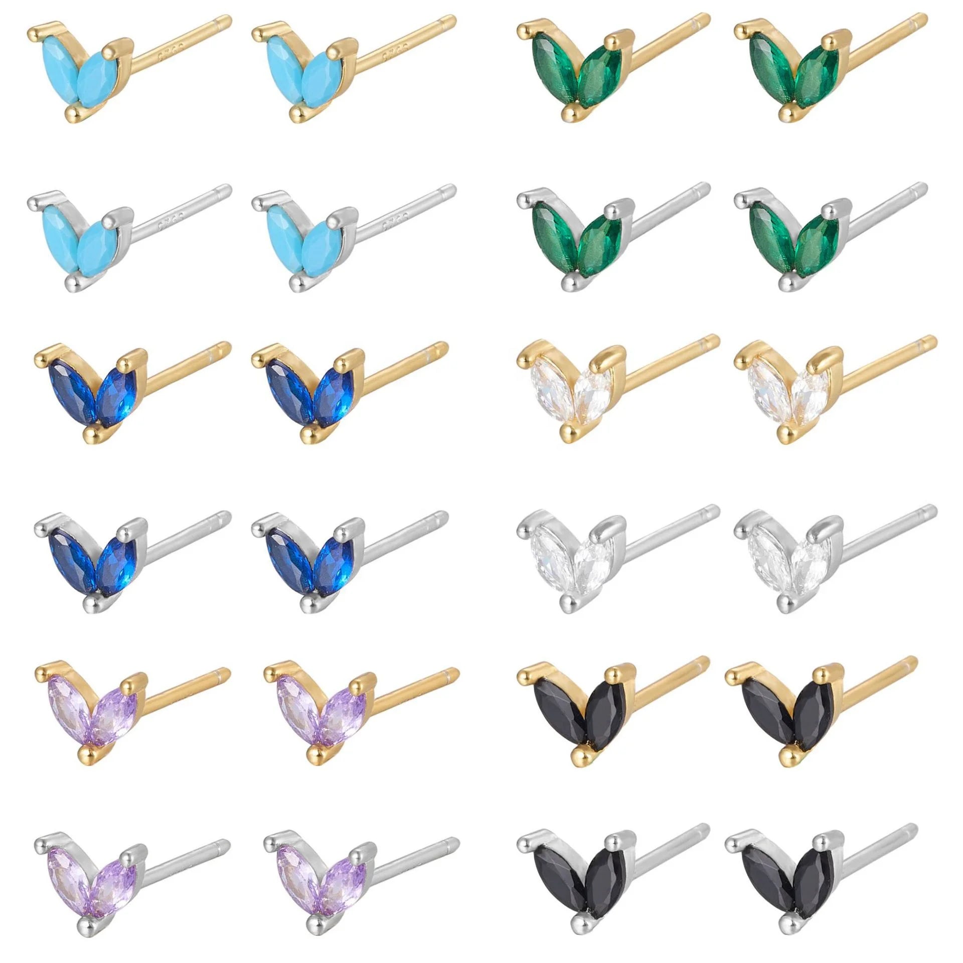 EH1260 925 Sterling Silver Simple Rainbow Butterfly Zircon Bead Piercing Stud Earring for Women Small Chic Leaf Party Jewelry
