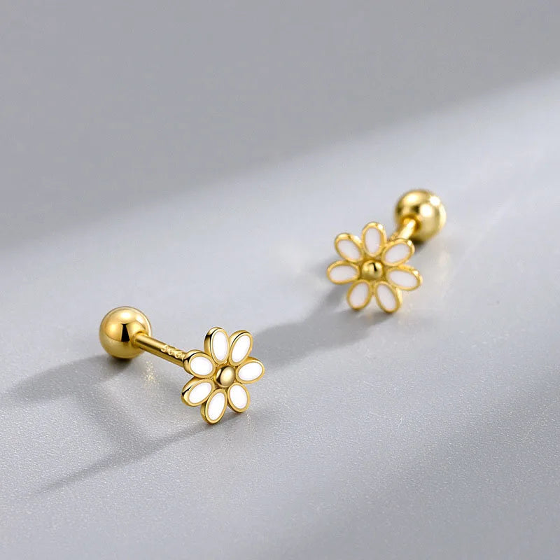 925 Sterling Silver Stud Earrings for Women Fashionable Sweet White Enamel Flower Beads Cute Korean Style Piercing Parties Gifts