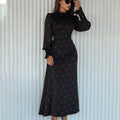 Enyami Elegant Romantic Chic Floral Printed Sleek Satin O Neck Flare Long Sleeve Casual Maxi Women Dress