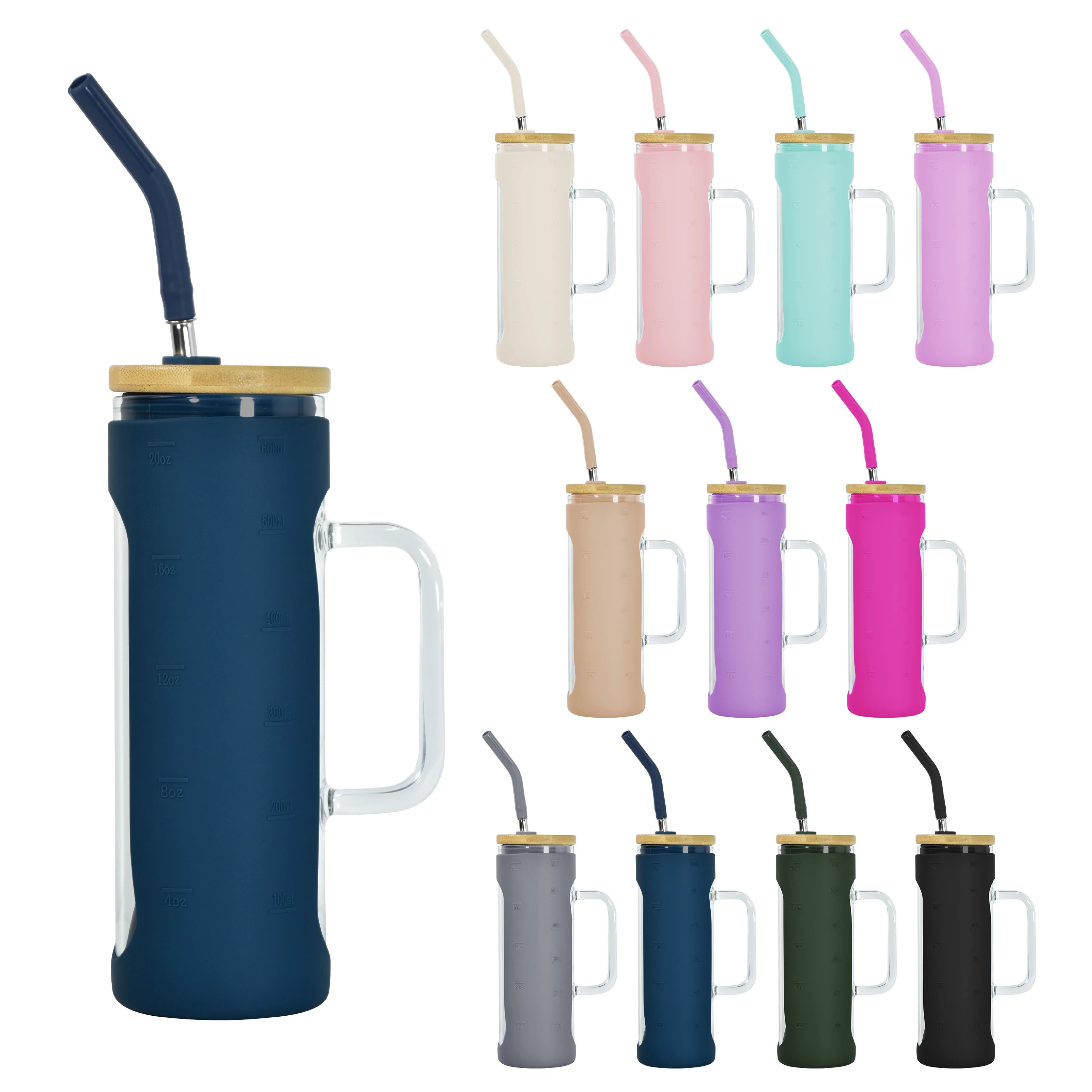 New Style Wholesale 20oz Colorful Silicone Sleeve Glass Handle Tumbler With  Stainless Steel Straw Bamboo Lid