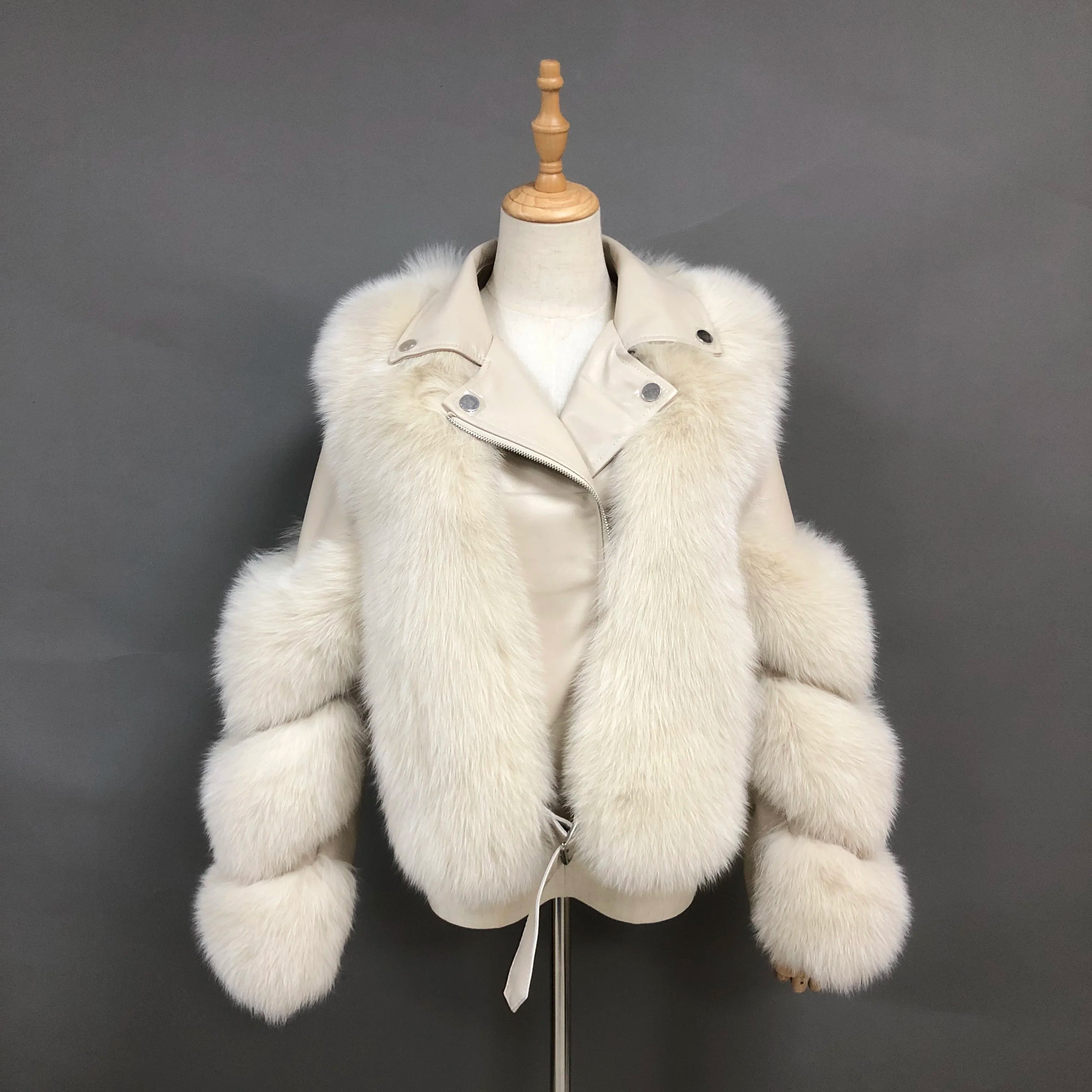 Winter Fashion Long Sleeves Korea Real Fur Coat Womens Leather Moto Jacket With Fox Fur for Ladies