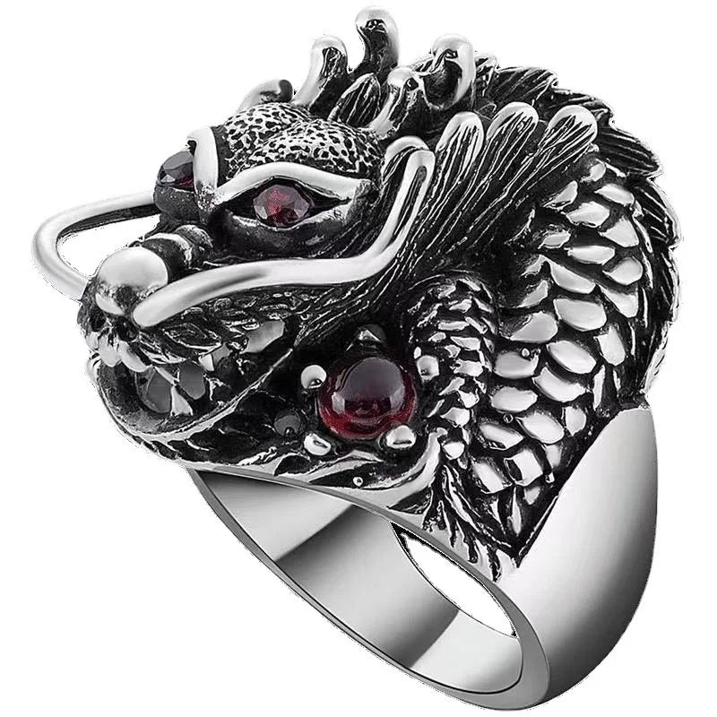 Punk Vintage Style Finger Rings Jewelry Steel Casting China Dragon Head Animal Zodiac Ring Men Gift