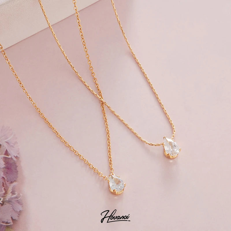 HOVANCI 18K Gold Plated Stainless Steel Single Waterdrop Pendant Necklace Cubic Zirconia for Women. Fashionable Jewelry Weddings