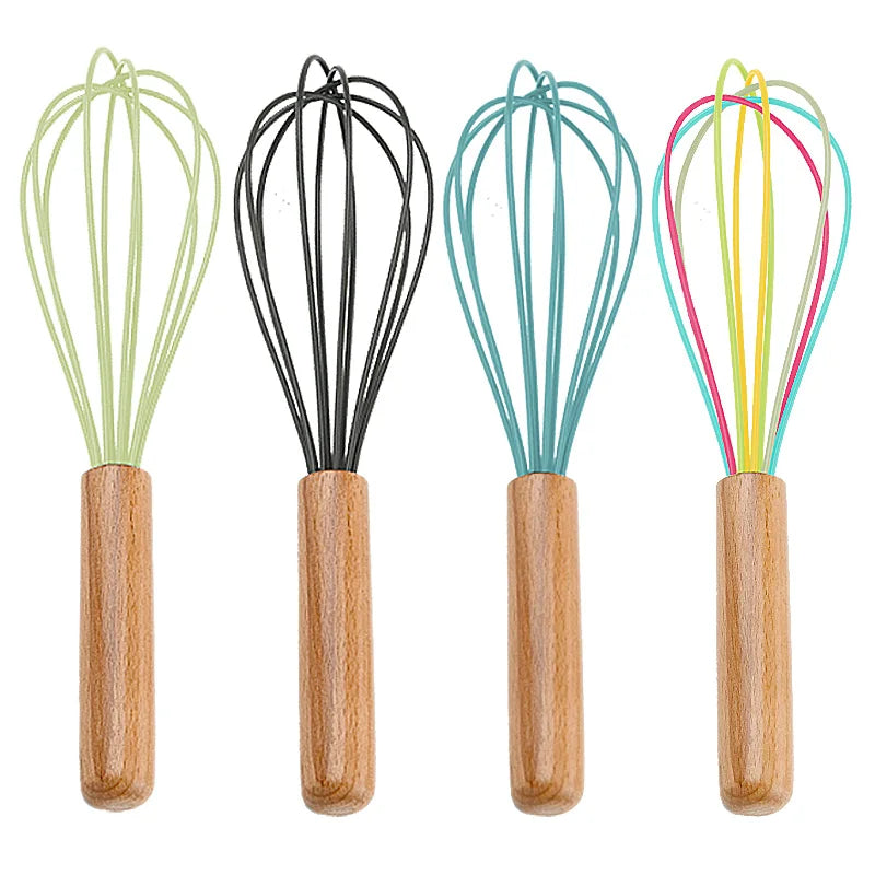 Hot Seller  Safe Silicone Materials Egg Beater Hand Held Wooden Handle Manual Egg Beater Baking Tools