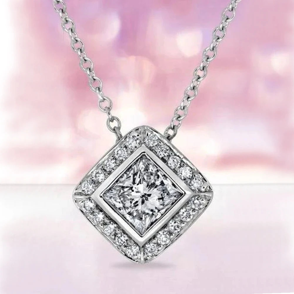 CAOSHI New 925 Silver Plated Bride Jewelry Classic Chain Women Sparkling Princess Cut Diamond Cubic Zircon Pendant Necklace