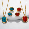 Classic Vintage Stainless Steel Gold-Plated Jewelry Set with Oval Shape Turquoise Earrings and Necklace for Weddings