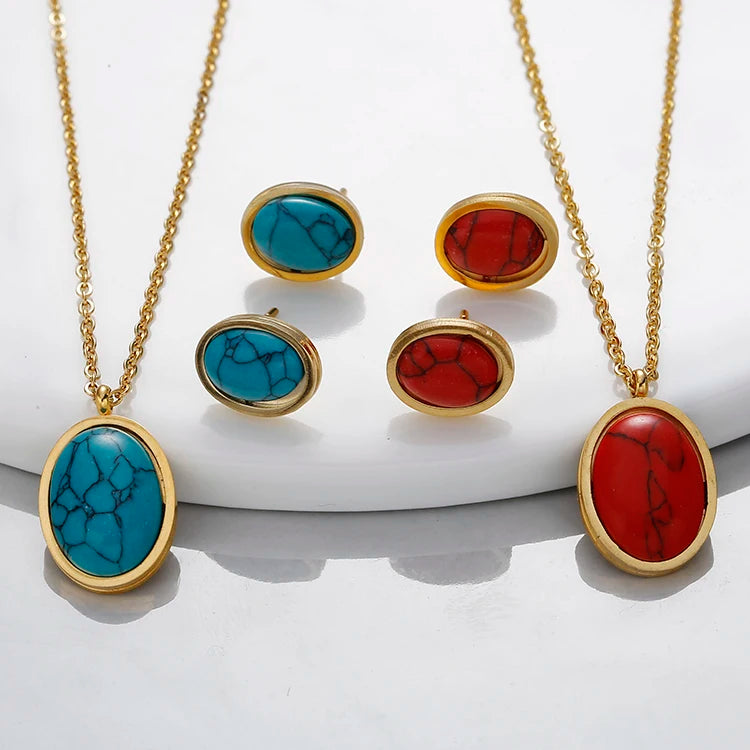 Classic Vintage Stainless Steel Gold-Plated Jewelry Set with Oval Shape Turquoise Earrings and Necklace for Weddings
