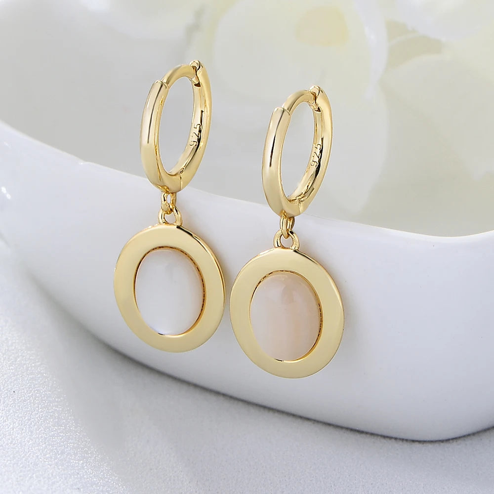 Retro Fashion Aretes Jewelry 925 Sterling Silver Ladies Elegant Oval White Shell Geometric Huggies Hoop Earrings Wholesale