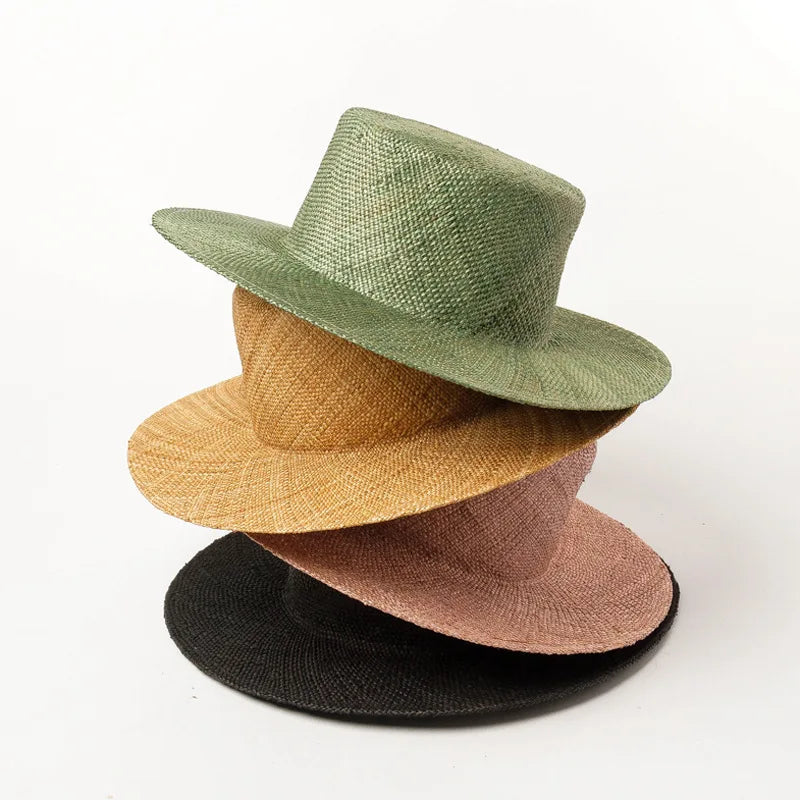 X1009  Wide Brim Sun Hat Summer Adult Beach Cap Handmade Raffia Straw Cap with Raw Brim Plain Pattern for Outdoor Travel