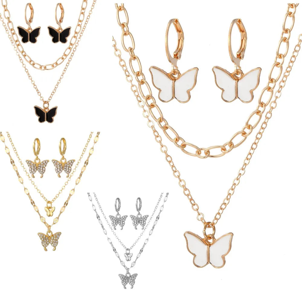 VKME New Gold Silver Fashion Women Jewelry Set Diamond  butterfly Pendant Layers Necklace Earrings Set for Women Chain