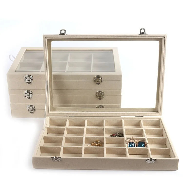 New Beige Suede Glass Lid 12 24 30 Compartments Jewelry Set Rings Necklace Show Case Organizer Box