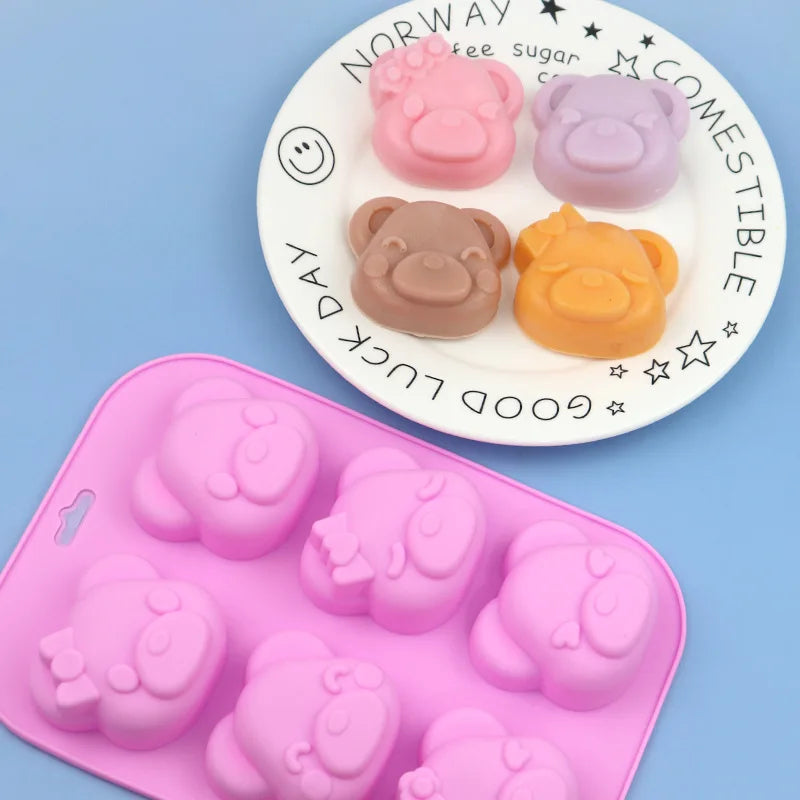 Saffron Cartoon Bear Faces Silicone Mold 6 Cavity Large Gummy Bear Cake Baking Mold Different Face Bears Shape
